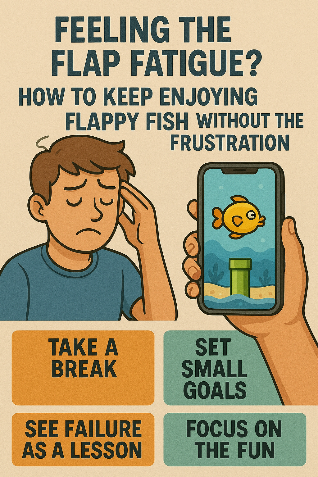Illustration of a gamer feeling tired, with tips to avoid Flappy Fish fatigue.