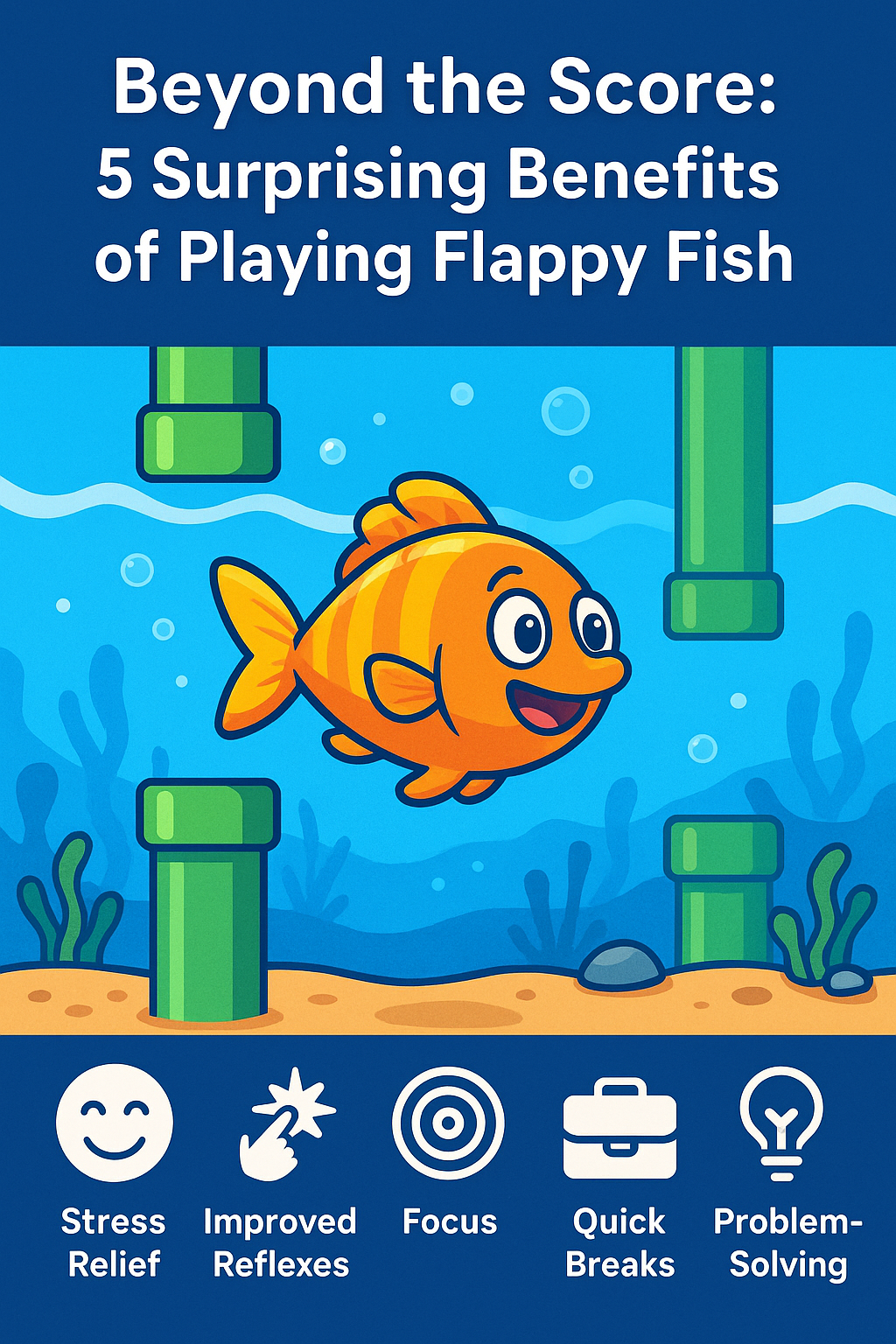 Graphic showcasing 5 benefits of Flappy Fish: Stress Relief, Improved Reflexes, Focus, Quick Breaks, Problem-Solving.