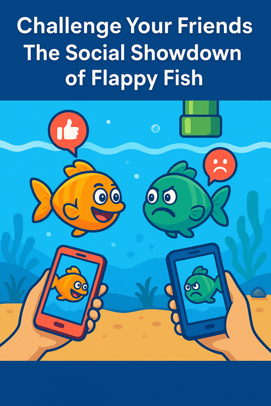 Illustration of friends playing Flappy Fish, representing a social challenge.