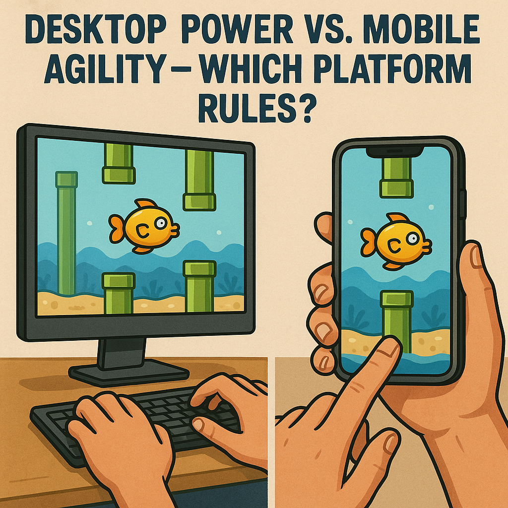 Comparison of Flappy Fish gameplay on desktop and mobile devices.