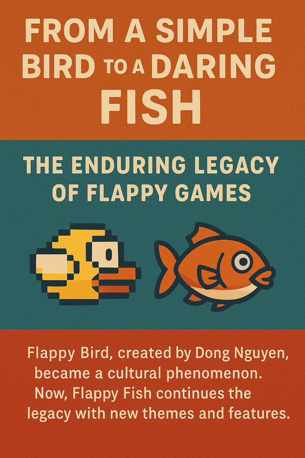 Image showing the evolution from a pixelated bird to the Flappy Fish character.
